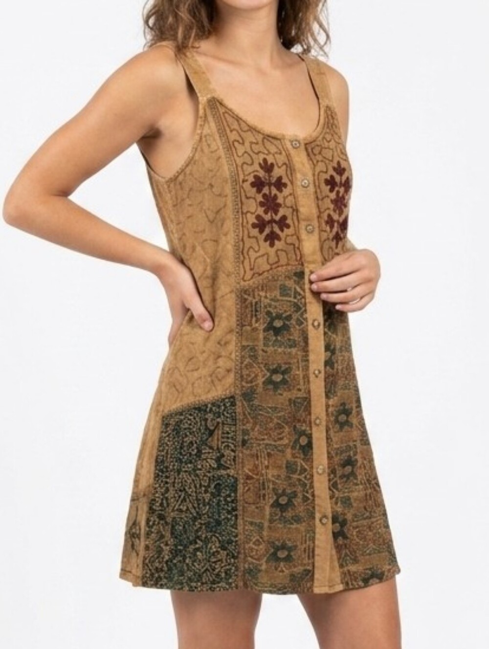 NWT Gardenbelle Boho Patchwork Embroidered Button Front Mini Tank Dress OSFM 70s